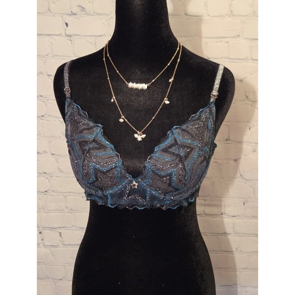 Savage X Fenty NWT 32C Unlined Lace Demi Bra Shining Star-Wildflower‎ Blue